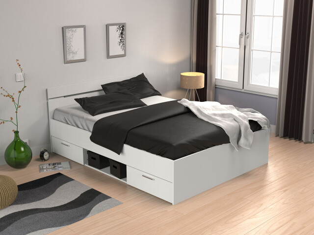 Stauraumbett >Lorenzo< in Perle Weiß - 144.5x74.2x204.3cm (BxHxT)