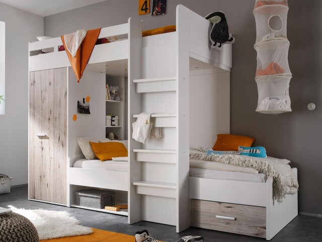 Etagenbett >Mimi< in Weiß/Sandeiche - 269x180x115cm (BxHxT)