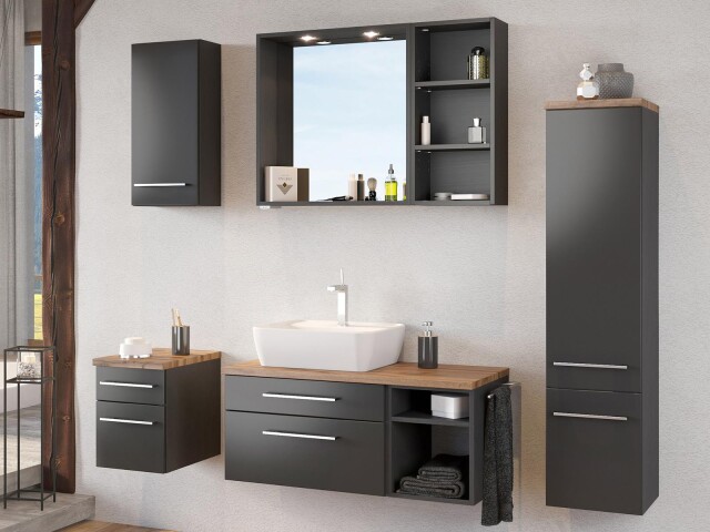 Badezimmer-Set >Davos< (6-teilig) in Graphit Grau-Matt Wotan Eiche Nachbildung