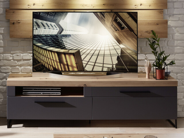 TV-Board >Lewes< in Lack Laminat Graphit supermatt - 192x55x44 (BxHxT)