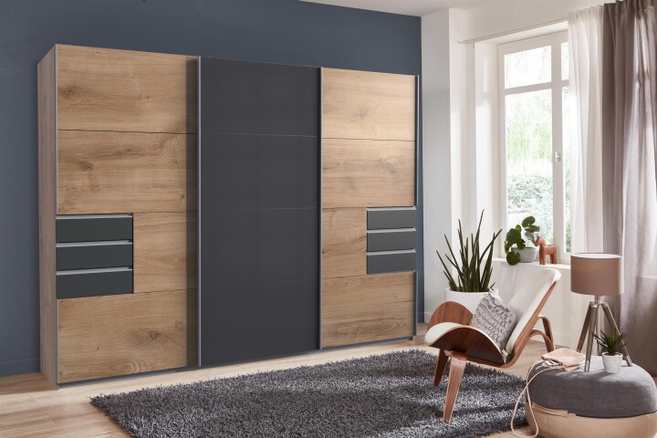Schwebetürenschrank >Susanetta< in Plankeneiche Graphit - 270x210x64cm (BxHxT)