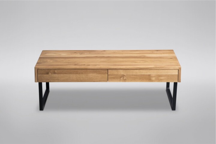 Couchtisch >Livvyy< in Wildeiche aus Massivholz, Metall - 110x35x60cm (BxHxT)