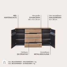 Sideboard >Meagan< in Artisan Eiche - 165x82x44cm (BxHxT)