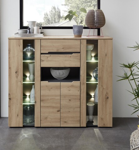 Highboard >Meagan< in Artisan Eiche - 145x127x38cm (BxHxT)