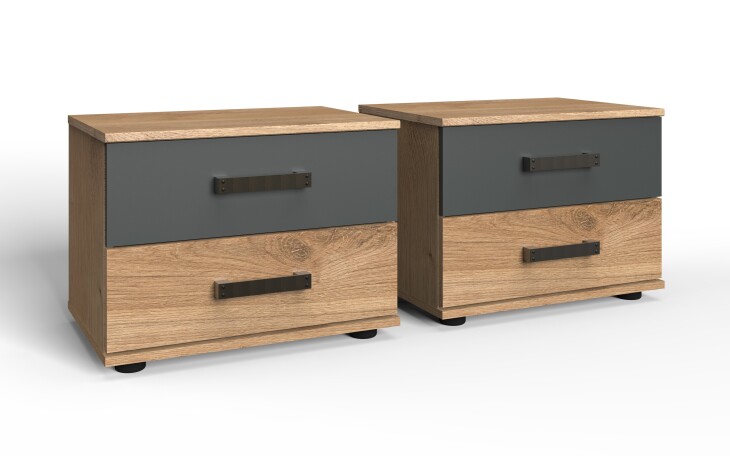 Nachtschrank >Stockholm I< 2er-Set, 2 Schübe, Planken-Eiche Dekor / graphit - 52x40x38cm (BxHxT)