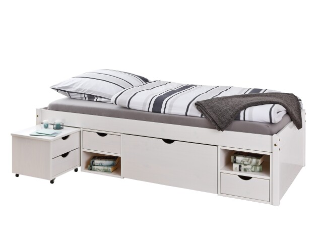 Funktionsbett >TILL< in Weiss aus Massivholz - 209x47,5x96cm (BxHxT)