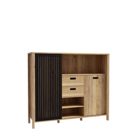 Kommode >Jecho< in Mauvella Eiche / Schwarz - 149,9x129,9x40,2cm (BxHxT)