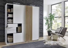 Schwebetürenschrank >COBURG< in Weiß/ Akustiklamellen Nachbildung Artisan Eiche Nachbildung