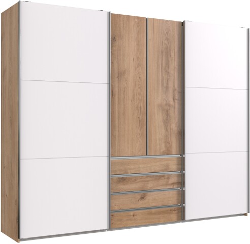 Schwebetürenschrank >MAGIC< in PLANKENEICHE + WEISS - 300x236x65cm (BxHxT)