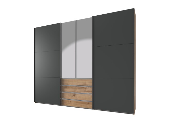 Schwebetürenschrank >MAGIC< in PLANKENEICHE NB + GRAPHIT - 300x236x65cm (BxHxT)