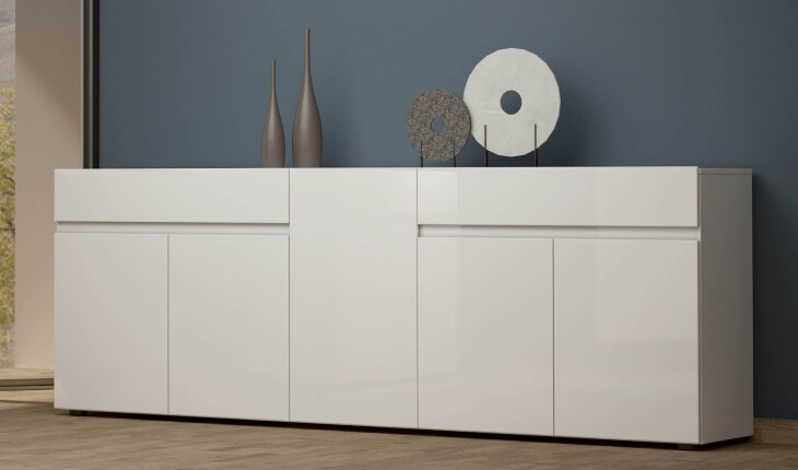 Sideboard >Mister< in weiss, Lack Hochglanz - 225x80x38cm (BxHxT)