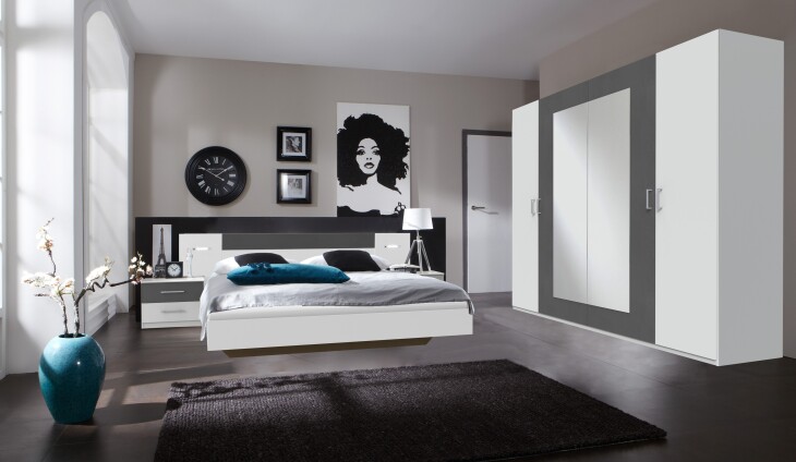 Schlafzimmer-Set >ANGIE< in WEISS + GRAPHIT - 241x81x210cm (BxHxT)