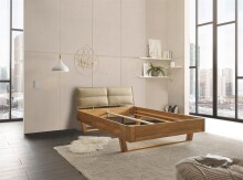 TJARK Modernes Massivholzbett 140x200 - Komfortables & hochwertiges Balkenbett mit gepolstertem Kopfteil - 146 x 89 x 219 cm (B/H/T)