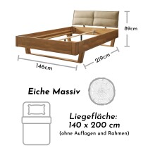 TJARK Modernes Massivholzbett 140x200 - Komfortables & hochwertiges Balkenbett mit gepolstertem Kopfteil - 146 x 89 x 219 cm (B/H/T)