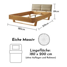 TJARK Modernes Massivholzbett 180x200, Fichte - Komfortables & hochwertiges Balkenbett mit gepolstertem Kopfteil - 186 x 89 x 219 cm (B/H/T)