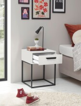 SUNA Nachttisch in Weiß - Moderner Nachtschrank mit Schublade und schwarzem Metallgestell - 40 x 52 x 38,5 cm (B/H/T)