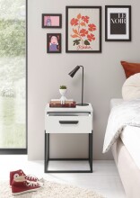 SUNA Nachttisch in Weiß - Moderner Nachtschrank mit Schublade und schwarzem Metallgestell - 40 x 52 x 38,5 cm (B/H/T)