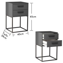 SUNA Nachttisch in Graphit - Moderner Nachtschrank mit Schubladen und schwarzem Metallgestell - 40 x 65 x 38,5 cm (B/H/T)