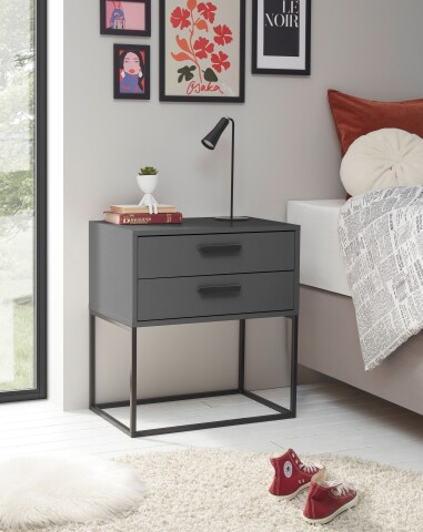 SUNA Nachttisch in Graphit - Moderner Nachtschrank mit Schubladen und schwarzem Metallgestell - 60 x 65 x 38,5 cm (B/H/T)