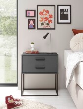 SUNA Nachttisch in Graphit - Moderner Nachtschrank mit Schubladen und schwarzem Metallgestell - 60 x 65 x 38,5 cm (B/H/T)