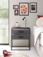 SUNA Nachttisch in Graphit - Moderner Nachtschrank mit Schubladen und schwarzem Metallgestell - 60 x 65 x 38,5 cm (B/H/T)