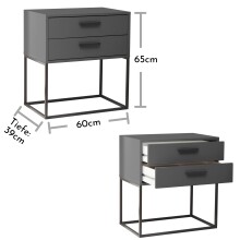 SUNA Nachttisch in Graphit - Moderner Nachtschrank mit Schubladen und schwarzem Metallgestell - 60 x 65 x 38,5 cm (B/H/T)