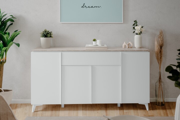 Sideboard >Bertrix< in Sandstein / weiß - 177x92x40cm (BxHxT)