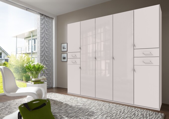 Drehtürenschrank >Danzig< in WEISS + GLAS WEISS - 225x208x58cm (BxHxT)