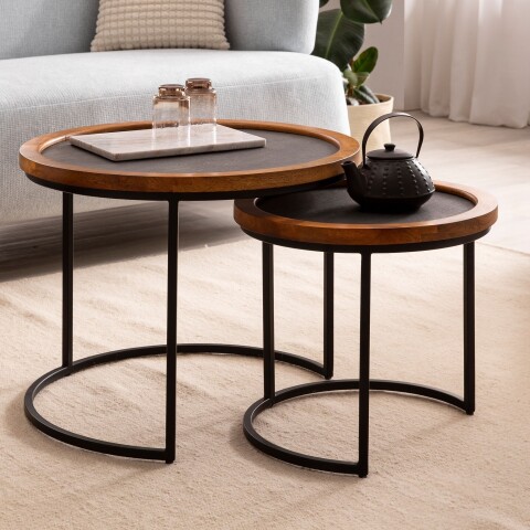 Couchtisch 2er Set Rund Holz / Steinoptik Wohnzimmertisch Satztisch