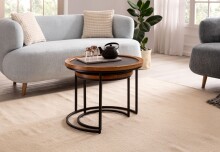 Couchtisch 2er Set Rund Holz / Steinoptik Wohnzimmertisch Satztisch