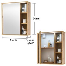 GREECE Spiegelschrank Bad mit LED-Beleuchtung in Wotan Eiche Optik - Badezimmerspiegel Schrank mit viel Stauraum - 60 x 70 x 20 cm (B/H/T)