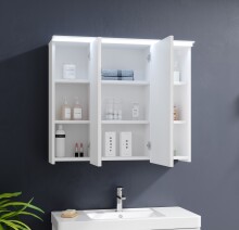 FOUR Spiegelschrank Bad mit LED-Beleuchtung in Weiß - Badezimmerspiegel Schrank mit viel Stauraum - 80 x 68 x 23 cm (B/H/T)