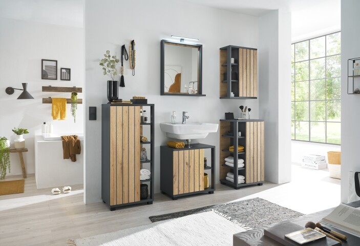 NIZZA Badezimmermöbel Set in Graphit, Artisan Eiche Optik - Modernes Badmöbel Set 5-teilig bestehend aus 2 Kommoden, Hängeschrank, Unterschrank & Spiegel - 220 x 200 x 37 cm (B/H/T)