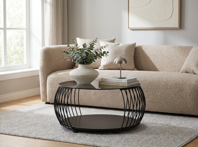 Couchtisch >Shanghai< in schwarz, Metall schwarz/Sicherheitsglas grau - 46 (H), 80cm Durchmesser