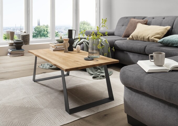 Couchtisch >2147< in Wildeiche Massiv, Gestell Metall - 110x40x60cm (BxHxT)