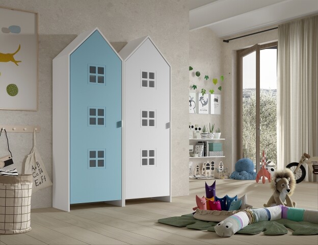 Kleiderschrank >CASAMI BRUGES< in Korpus Weiß / Front Blau u. Weiß, MDF
