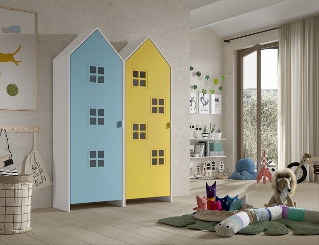 Kleiderschrank >CASAMI BRUGES< in Korpus Weiß / Front Blau u. Gelb, MDF