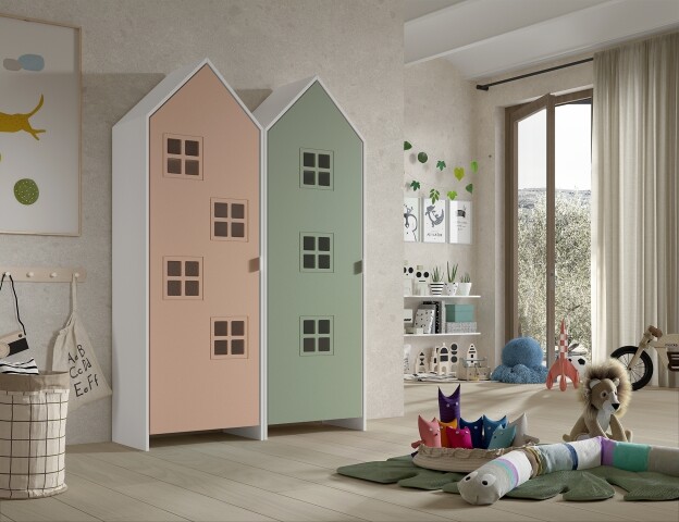 Kleiderschrank >CASAMI BRUGES< in Korpus Weiß / Front Pink u. Grün, MDF