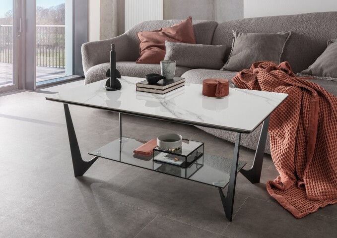 Couchtisch >2177-19< in weiß hochglanz, Gestell Eisen - 110x42x60cm (BxHxT)