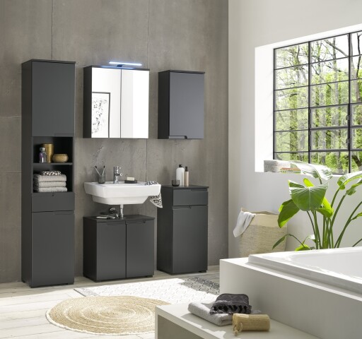 Badezimmer-Set "Spice" schwarz matt (5tlg.) mit Hochschrank, Waschbeckenunterschrank, Spiegelschrank, Kommode und Hängeschrank - 170 x 191 x 32 cm (B/H/T)