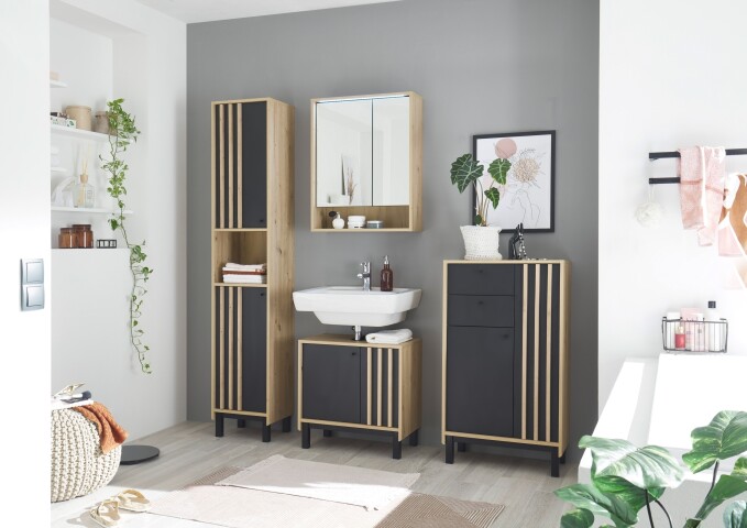 Badezimmer-Set "Vassili" (4-teilig) in Artisan Eiche / schwarz - 198x195x36cm (BxHxT)