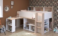 Stauraumbett >Lucas< in Weiss / Japanische Eiche - 209x133x140cm (LxBxH)