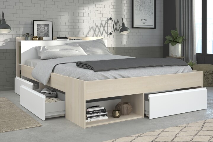 Stauraumbett >Most 5< in Akazie / Weiss - 220x150x79cm (LxBxH)