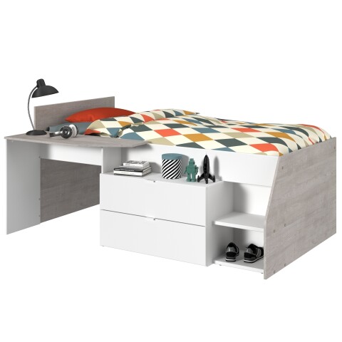 Hochbett >Milky 1< in Weiß / Grey Loft - 203x135x90cm (LxBxH)