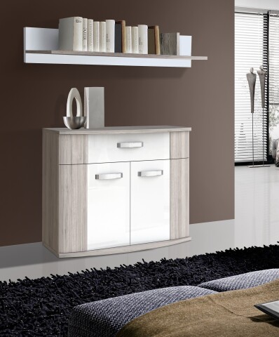 Wandregal >Rondino< in Sandeiche / Weiß Glanz  - 139x27x26cm (BxHxT)