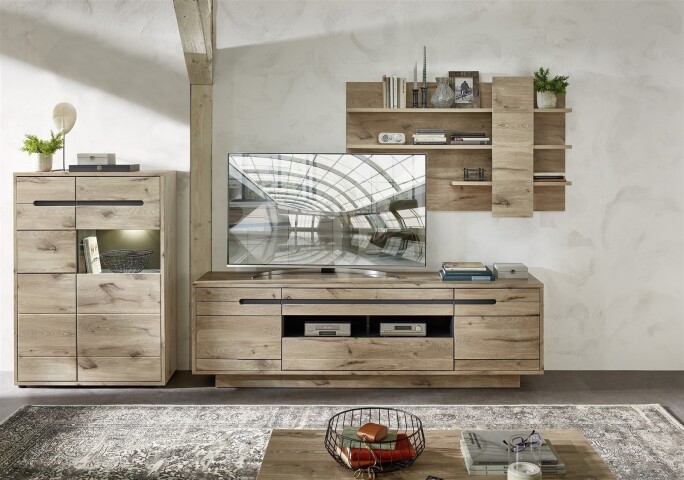 Wohnwand >Bellano< in Viking Oak Dekor, MDF, Spannplatte - 332x186x44cm (BxHxT)