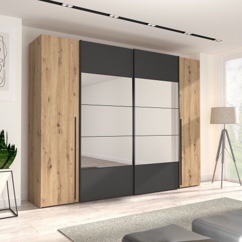Kleiderschrank >RAYONG< in Artisan Eiche  / Schwarz  - 270,3x210x61,2cm (BxHxT)