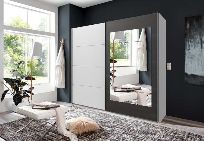 Schwebetürenschrank >Minden< in WEISS + RAW STEEL - 225x208x65cm (BxHxT)