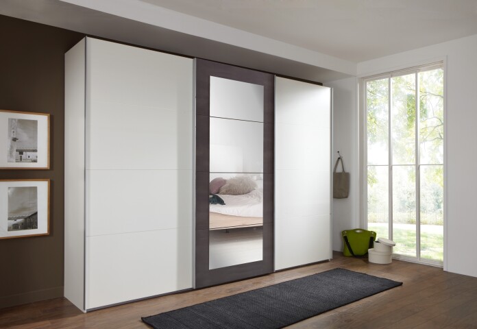 Schwebetürenschrank >Minden< in WEISS + RAW STEEL - 270x208x65cm (BxHxT)