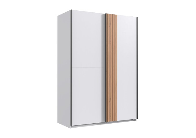 Schwebetürenschrank >Rügen< in WEISS + LAMELLEN ARTISAN DEKOR - 135x198x6cm B/H/T